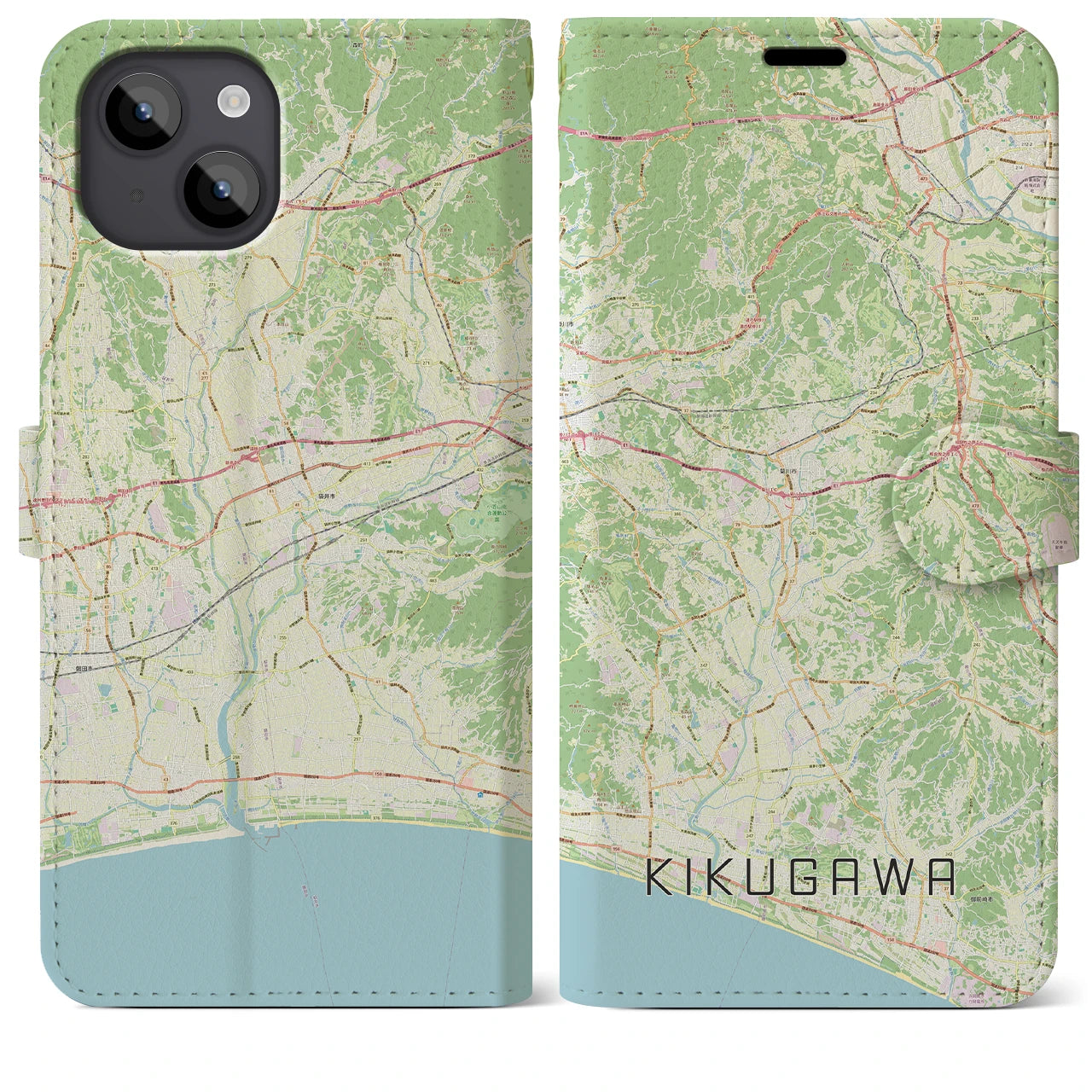 【菊川（静岡県）】地図柄iPhoneケース（手帳タイプ）ナチュラル・iPhone 14 Plus 用