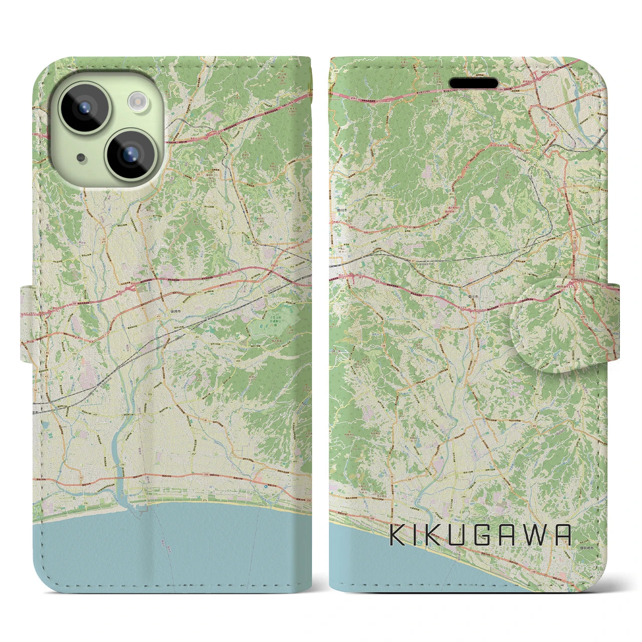 【菊川（静岡県）】地図柄iPhoneケース（手帳タイプ）ナチュラル・iPhone 15 用