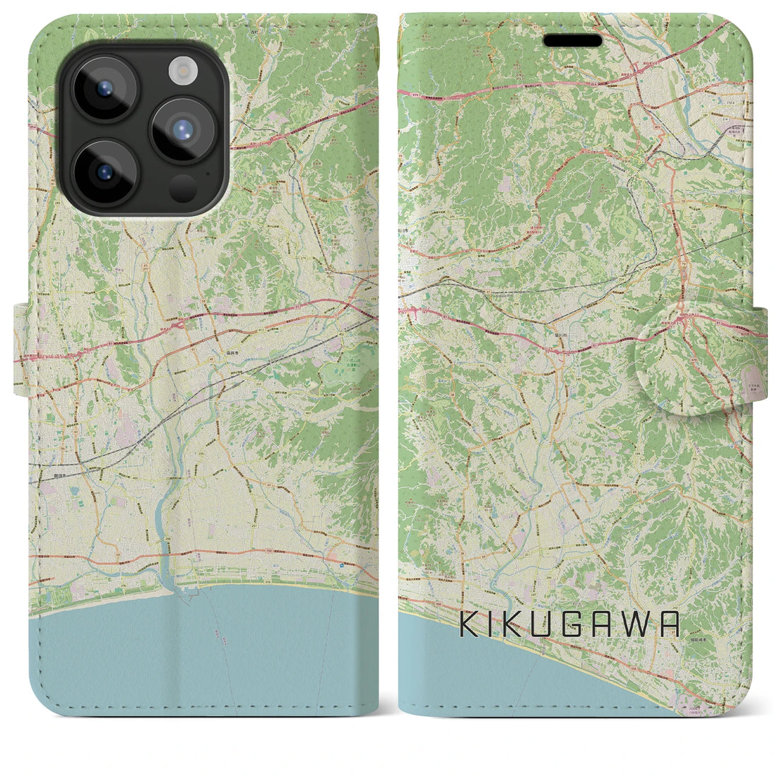 【菊川（静岡県）】地図柄iPhoneケース（手帳タイプ）ナチュラル・iPhone 15 Pro Max 用