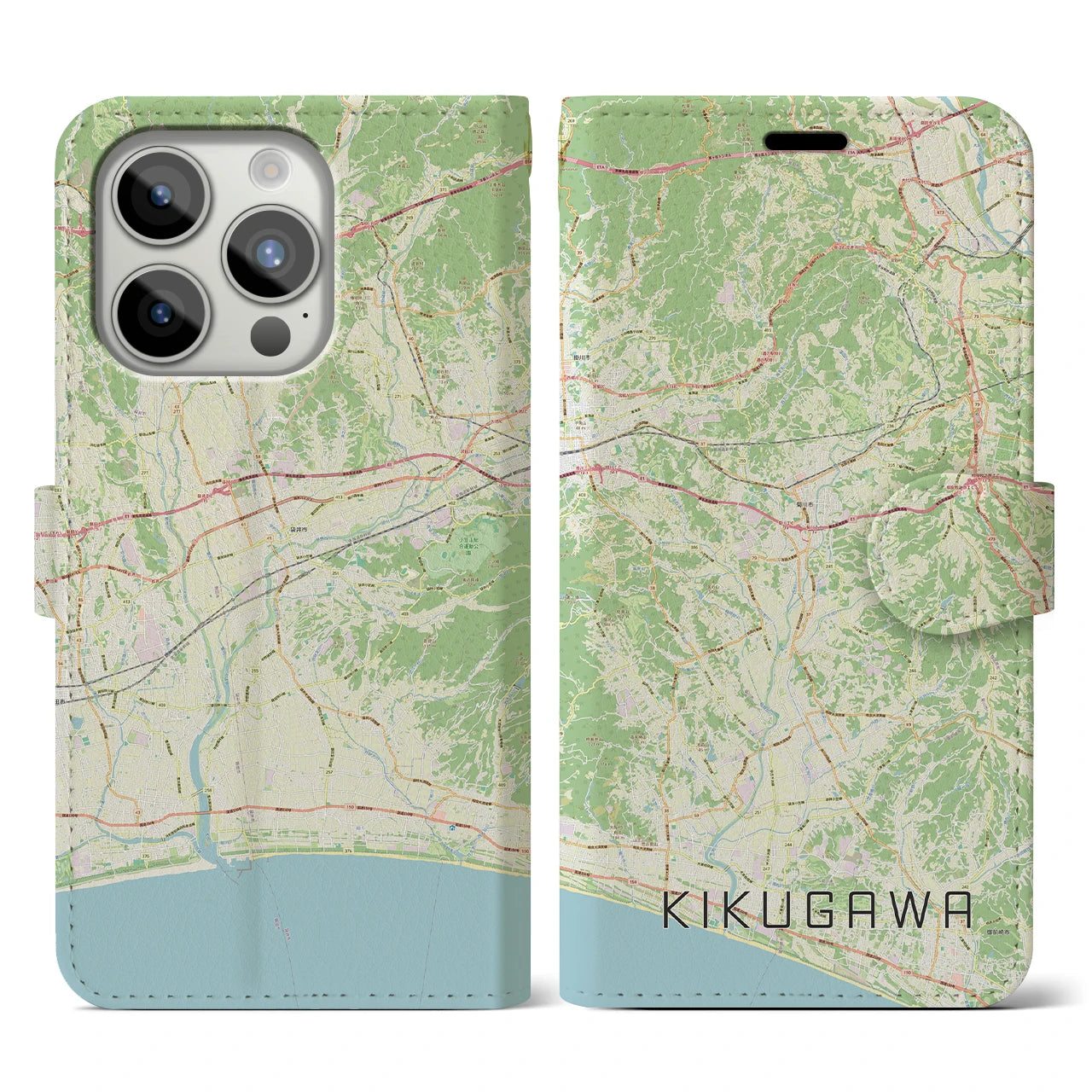 【菊川（静岡県）】地図柄iPhoneケース（手帳タイプ）ナチュラル・iPhone 15 Pro 用