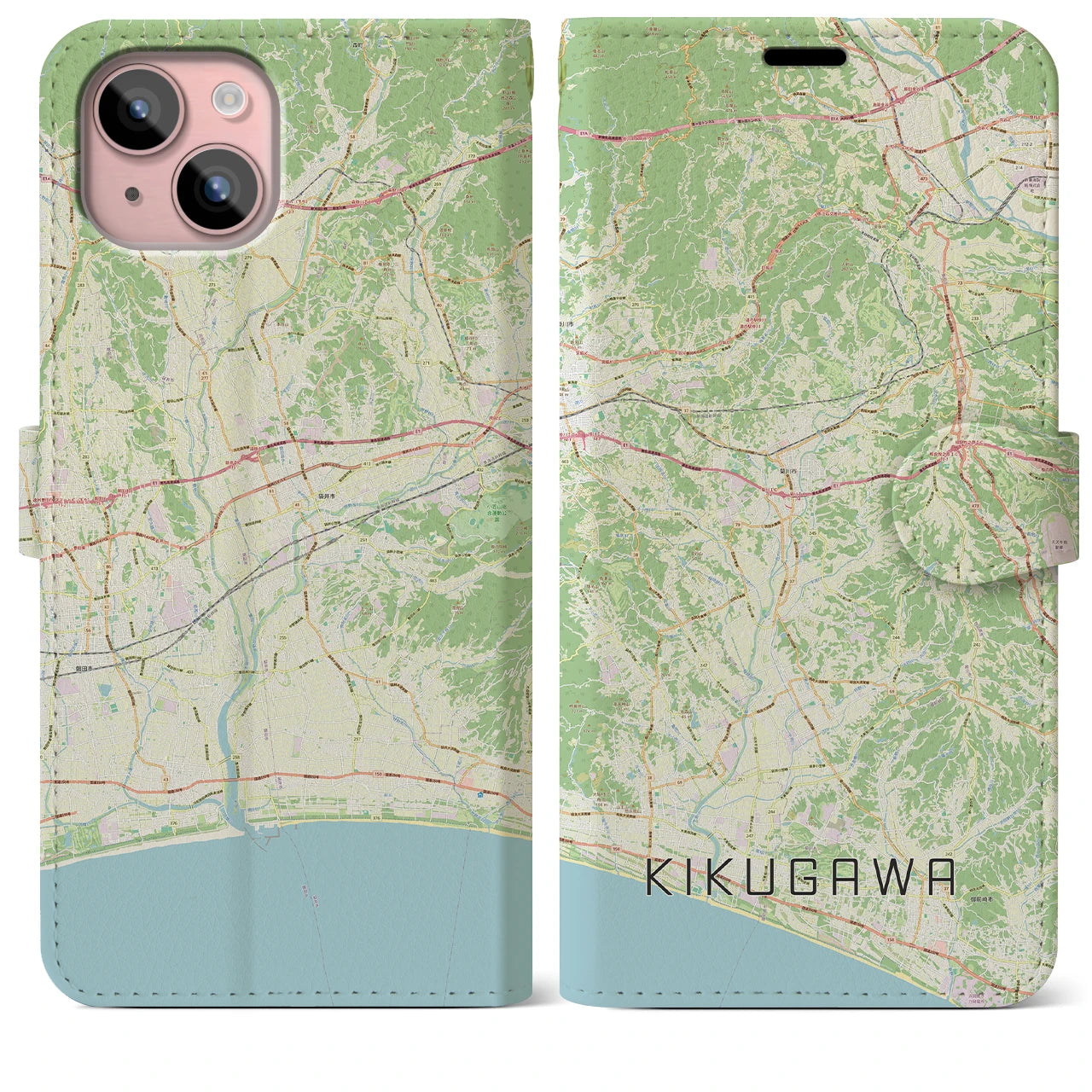 【菊川（静岡県）】地図柄iPhoneケース（手帳タイプ）ナチュラル・iPhone 15 Plus 用