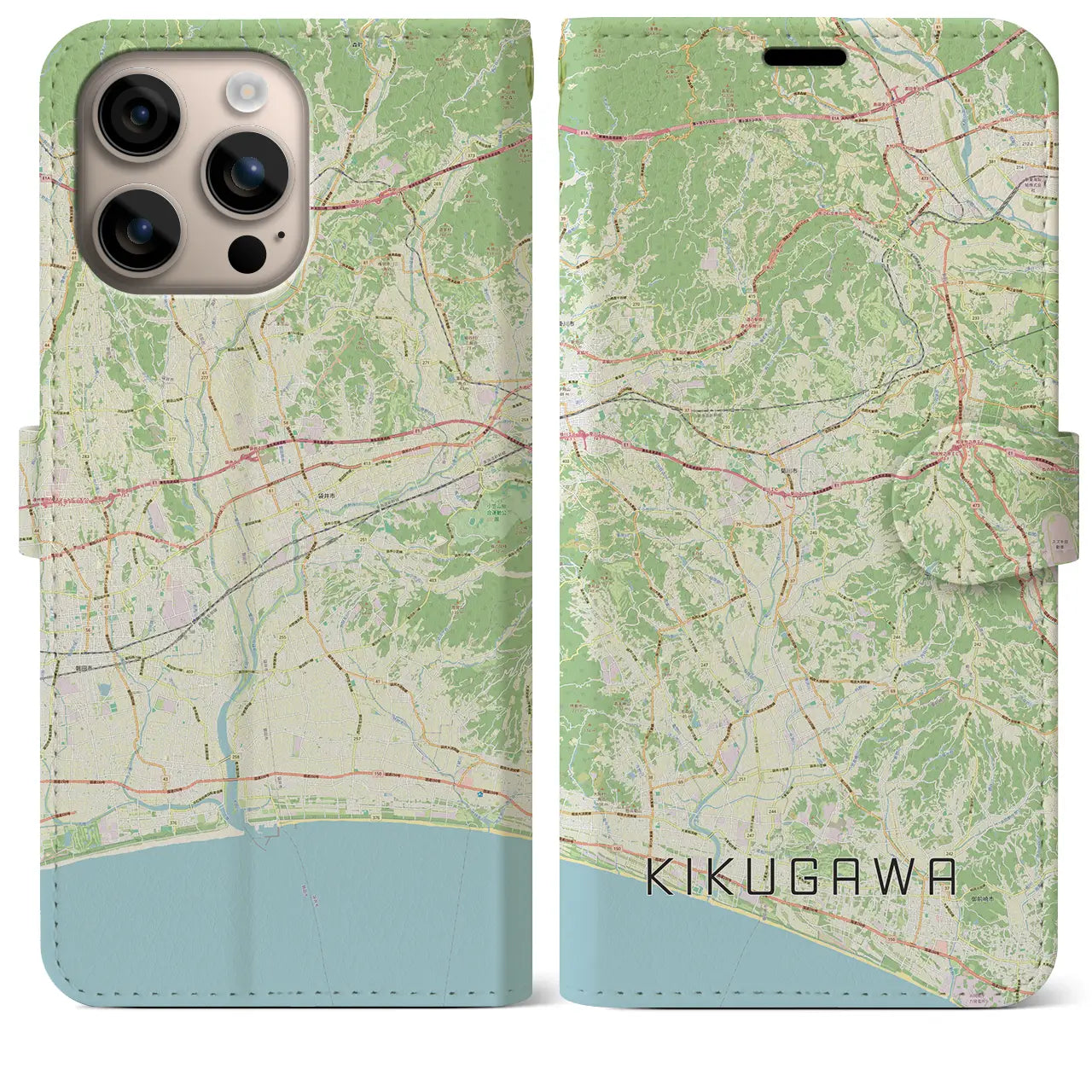 【菊川（静岡県）】地図柄iPhoneケース（手帳タイプ）ナチュラル・iPhone 16 Plus 用