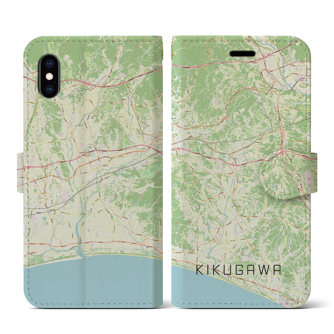 【菊川（静岡県）】地図柄iPhoneケース（手帳タイプ）ナチュラル・iPhone XS / X 用