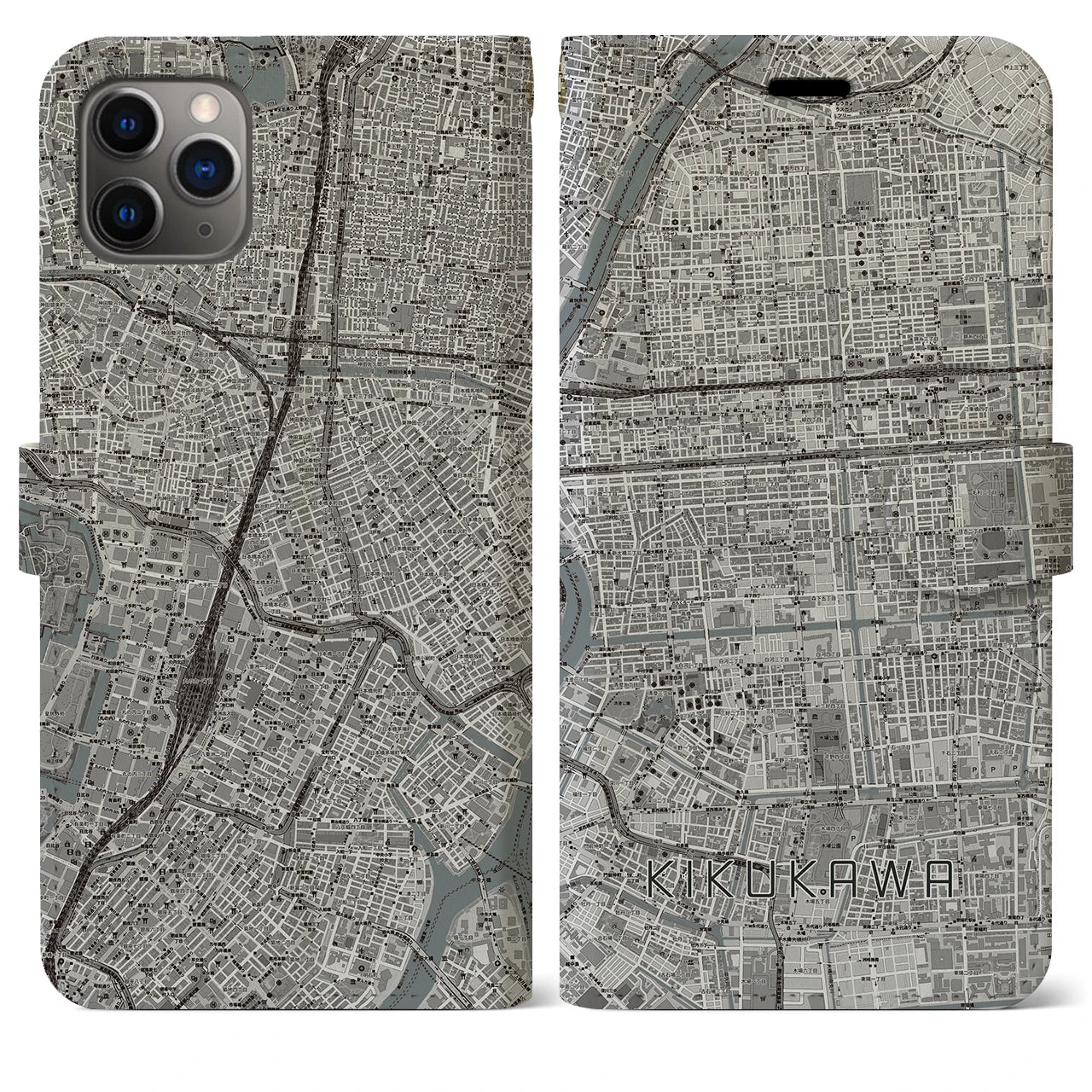 【菊川】地図柄iPhoneケース（手帳両面タイプ・モノトーン）iPhone 11 Pro Max 用