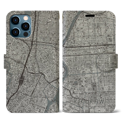 【菊川（東京都）】地図柄iPhoneケース（手帳タイプ）モノトーン・iPhone 12 / 12 Pro 用