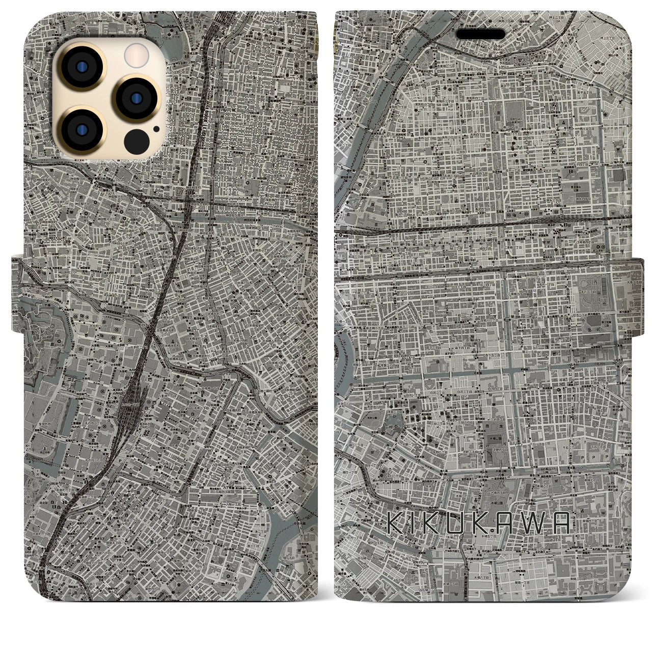 【菊川】地図柄iPhoneケース（手帳両面タイプ・モノトーン）iPhone 12 Pro Max 用
