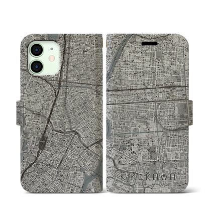 【菊川（東京都）】地図柄iPhoneケース（手帳タイプ）モノトーン・iPhone 12 mini 用