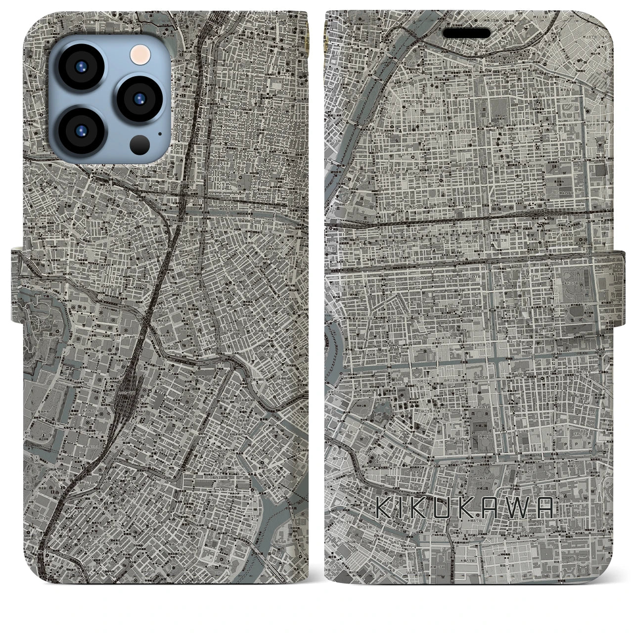 【菊川】地図柄iPhoneケース（手帳両面タイプ・モノトーン）iPhone 13 Pro Max 用