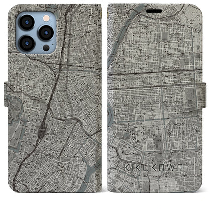 【菊川（東京都）】地図柄iPhoneケース（手帳タイプ）モノトーン・iPhone 13 Pro Max 用