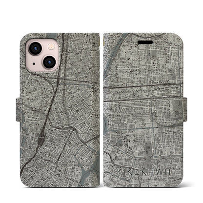 【菊川（東京都）】地図柄iPhoneケース（手帳タイプ）モノトーン・iPhone 13 mini 用