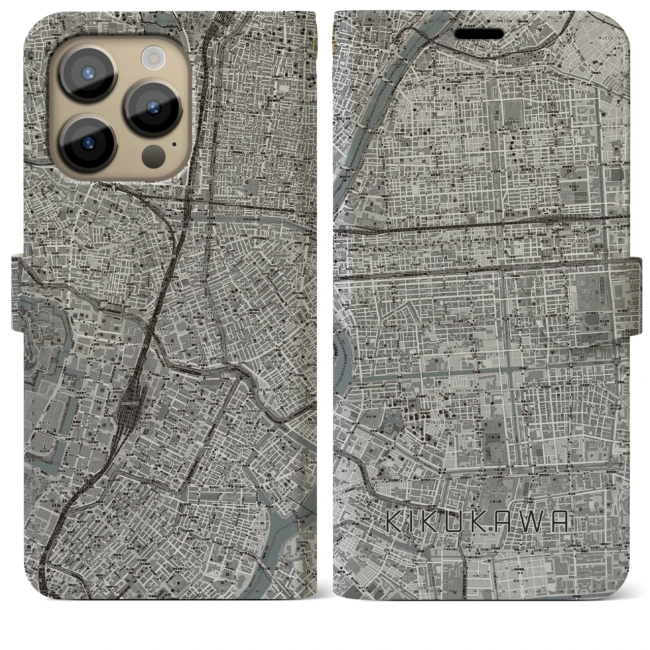 【菊川】地図柄iPhoneケース（手帳両面タイプ・モノトーン）iPhone 14 Pro Max 用