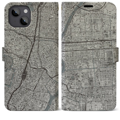 【菊川（東京都）】地図柄iPhoneケース（手帳タイプ）モノトーン・iPhone 14 Plus 用