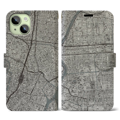 【菊川（東京都）】地図柄iPhoneケース（手帳タイプ）モノトーン・iPhone 15 用