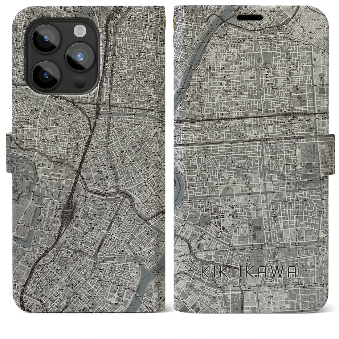 【菊川】地図柄iPhoneケース（手帳両面タイプ・モノトーン）iPhone 15 Pro Max 用