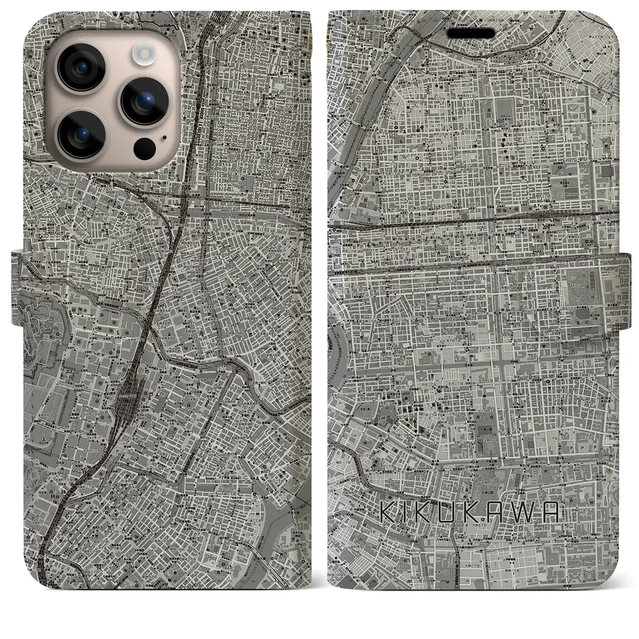 【菊川（東京都）】地図柄iPhoneケース（手帳タイプ）モノトーン・iPhone 16 Plus 用