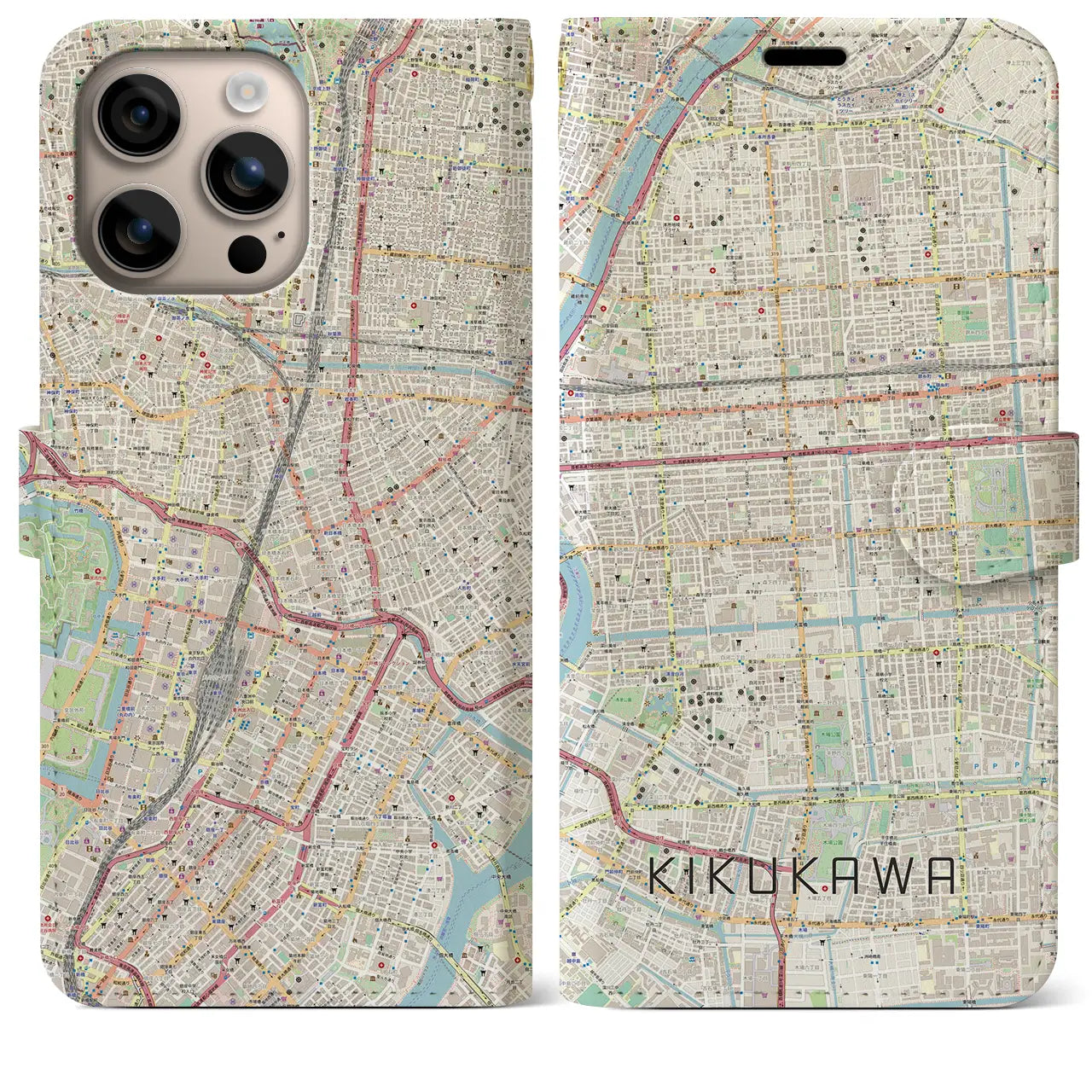 【菊川（東京都）】地図柄iPhoneケース（手帳タイプ）ナチュラル・iPhone 16 Plus 用