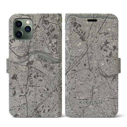 【菊名（神奈川県）】地図柄iPhoneケース（手帳タイプ）モノトーン・iPhone 11 Pro 用