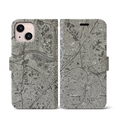 【菊名（神奈川県）】地図柄iPhoneケース（手帳タイプ）モノトーン・iPhone 13 mini 用