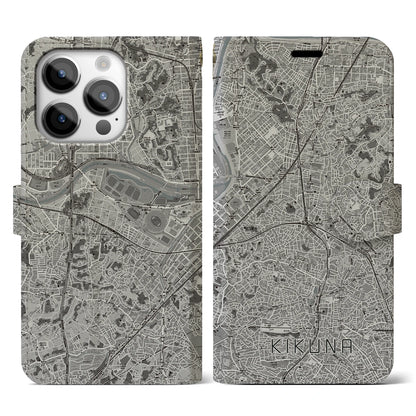 【菊名（神奈川県）】地図柄iPhoneケース（手帳タイプ）モノトーン・iPhone 14 Pro 用