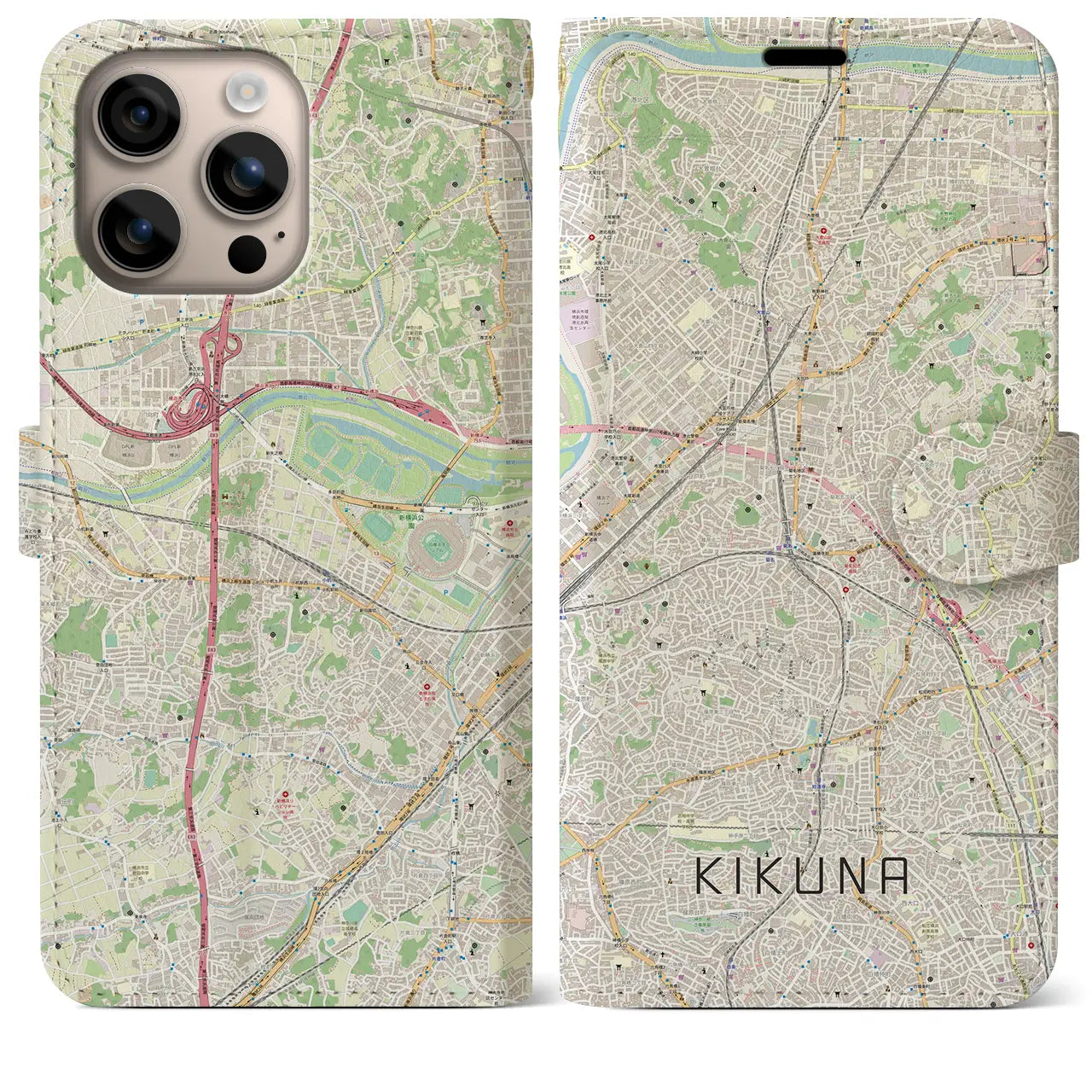 【菊名（神奈川県）】地図柄iPhoneケース（手帳タイプ）ナチュラル・iPhone 16 Plus 用