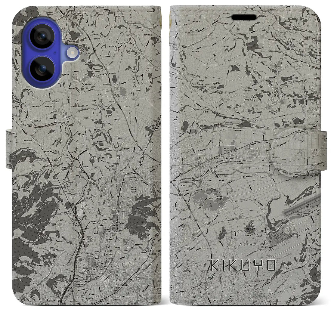 【菊陽(熊本県)】地図柄iPhoneケース(手帳タイプ)モノトーン・iPhone 16 Pro Max 用