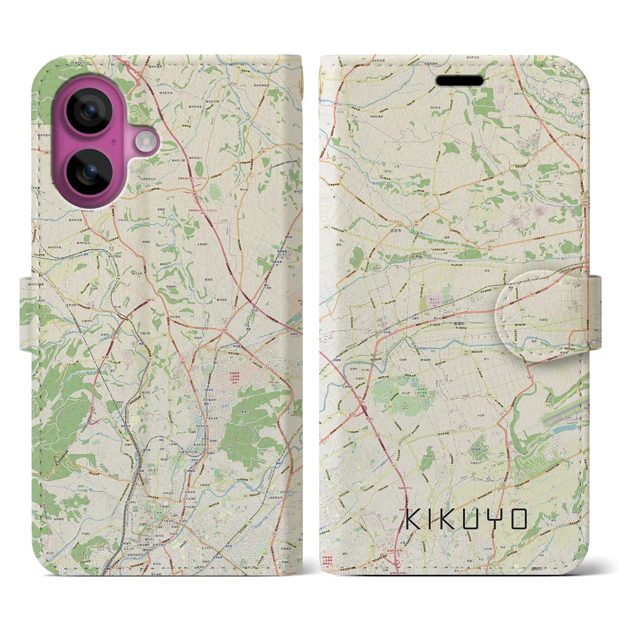 【菊陽（熊本県）】地図柄iPhoneケース（手帳タイプ）ナチュラル・iPhone 16 Pro 用