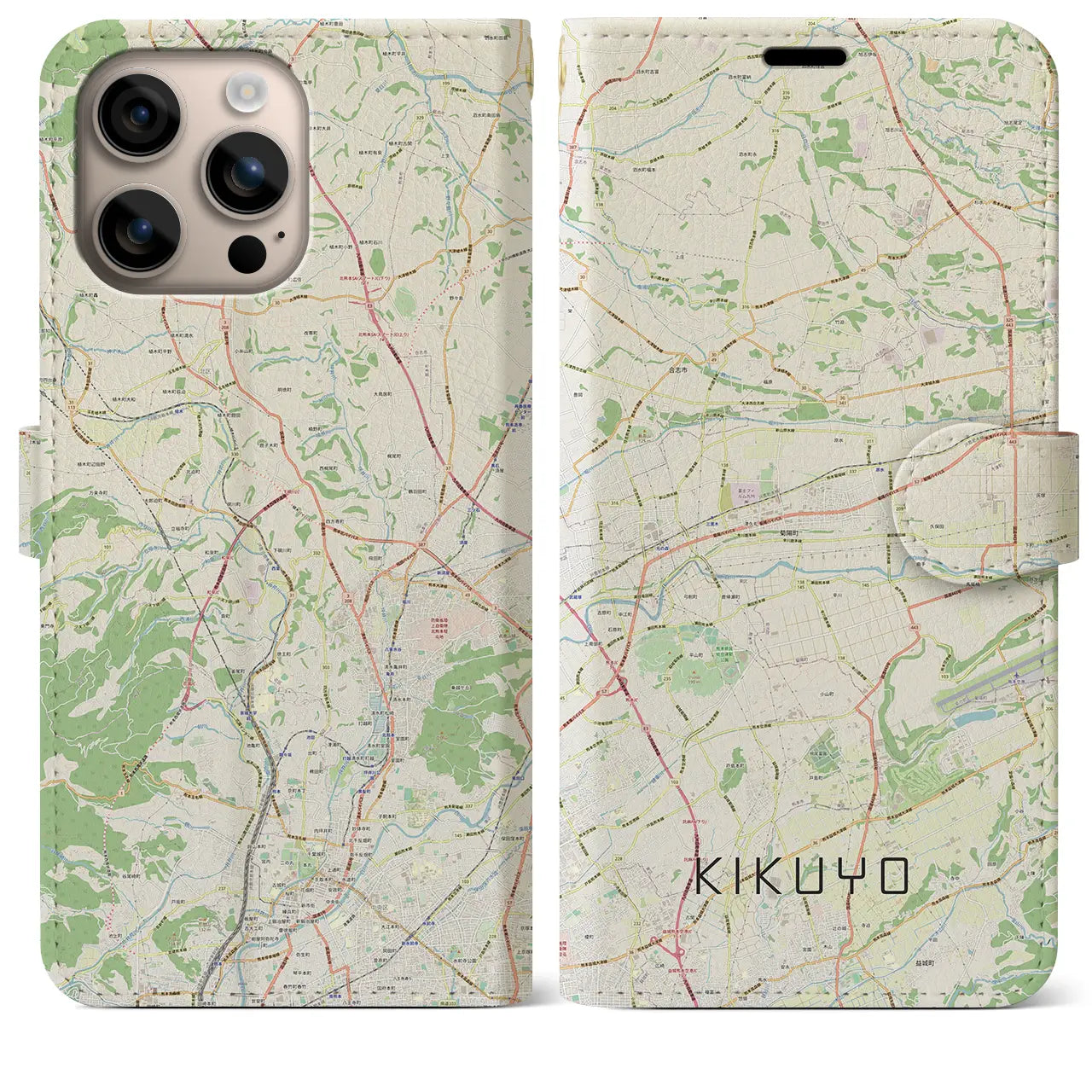 【菊陽（熊本県）】地図柄iPhoneケース（手帳タイプ）ナチュラル・iPhone 16 Plus 用