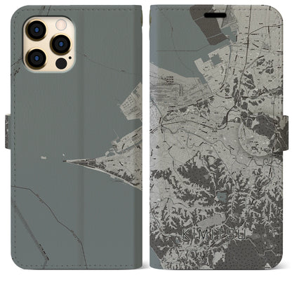 【君津（千葉県）】地図柄iPhoneケース（手帳タイプ）モノトーン・iPhone 12 Pro Max 用