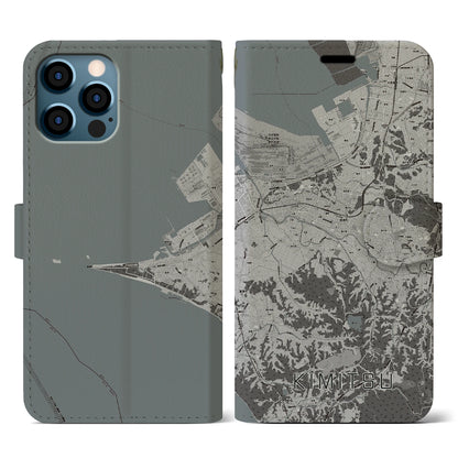 【君津（千葉県）】地図柄iPhoneケース（手帳タイプ）モノトーン・iPhone 12 / 12 Pro 用