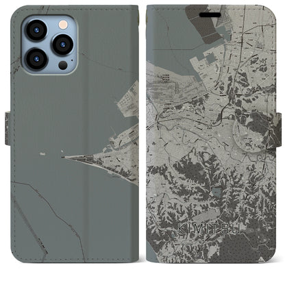 【君津（千葉県）】地図柄iPhoneケース（手帳タイプ）モノトーン・iPhone 13 Pro Max 用