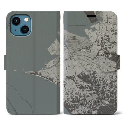 【君津（千葉県）】地図柄iPhoneケース（手帳タイプ）モノトーン・iPhone 13 用