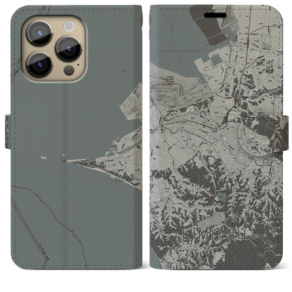 【君津（千葉県）】地図柄iPhoneケース（手帳タイプ）モノトーン・iPhone 14 Pro Max 用