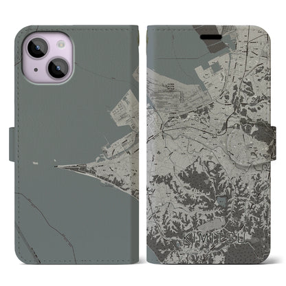 【君津（千葉県）】地図柄iPhoneケース（手帳タイプ）モノトーン・iPhone 14 用