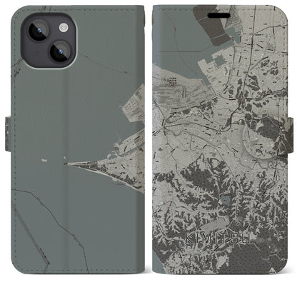 【君津（千葉県）】地図柄iPhoneケース（手帳タイプ）モノトーン・iPhone 14 Plus 用