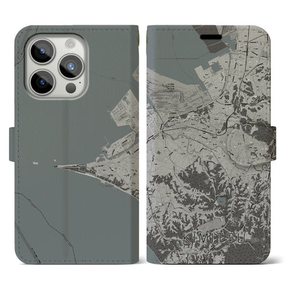 【君津（千葉県）】地図柄iPhoneケース（手帳タイプ）モノトーン・iPhone 15 Pro 用