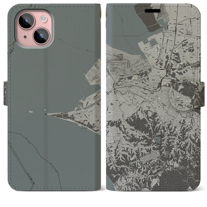 【君津（千葉県）】地図柄iPhoneケース（手帳タイプ）モノトーン・iPhone 15 Plus 用