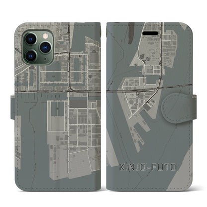 【金城ふ頭（愛知県）】地図柄iPhoneケース（手帳タイプ）モノトーン・iPhone 11 Pro 用
