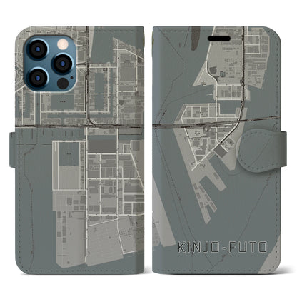 【金城ふ頭（愛知県）】地図柄iPhoneケース（手帳タイプ）モノトーン・iPhone 12 / 12 Pro 用