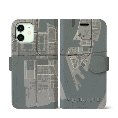 【金城ふ頭（愛知県）】地図柄iPhoneケース（手帳タイプ）モノトーン・iPhone 12 mini 用