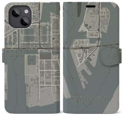 【金城ふ頭（愛知県）】地図柄iPhoneケース（手帳タイプ）モノトーン・iPhone 14 Plus 用
