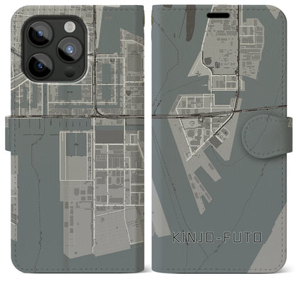 【金城ふ頭（愛知県）】地図柄iPhoneケース（手帳タイプ）モノトーン・iPhone 15 Pro Max 用