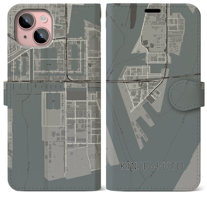 【金城ふ頭（愛知県）】地図柄iPhoneケース（手帳タイプ）モノトーン・iPhone 15 Plus 用