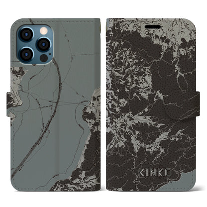 【錦江（鹿児島県）】地図柄iPhoneケース（手帳タイプ）モノトーン・iPhone 12 / 12 Pro 用