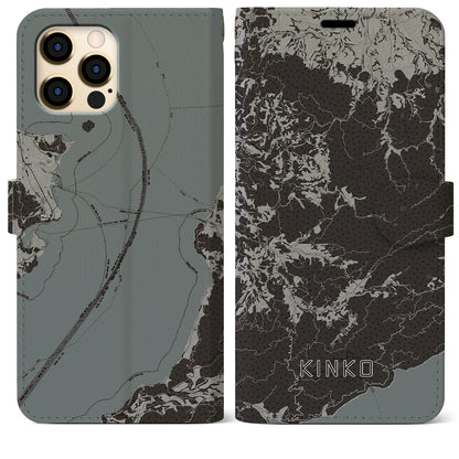 【錦江（鹿児島県）】地図柄iPhoneケース（手帳タイプ）モノトーン・iPhone 12 Pro Max 用