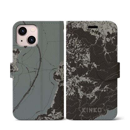 【錦江（鹿児島県）】地図柄iPhoneケース（手帳タイプ）モノトーン・iPhone 13 mini 用