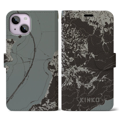 【錦江（鹿児島県）】地図柄iPhoneケース（手帳タイプ）モノトーン・iPhone 14 用