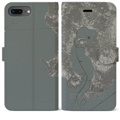 【錦江湾（鹿児島県）】地図柄iPhoneケース（手帳タイプ）モノトーン・iPhone 8Plus /7Plus / 6sPlus / 6Plus 用