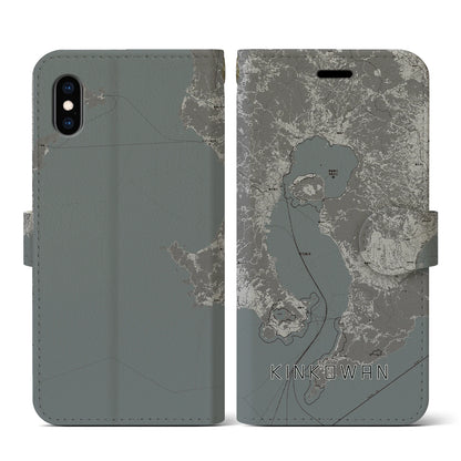 【錦江湾（鹿児島県）】地図柄iPhoneケース（手帳タイプ）モノトーン・iPhone XS / X 用