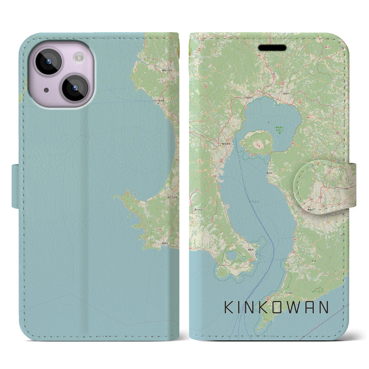 【錦江湾（鹿児島県）】地図柄iPhoneケース（手帳タイプ）ナチュラル・iPhone 14 用