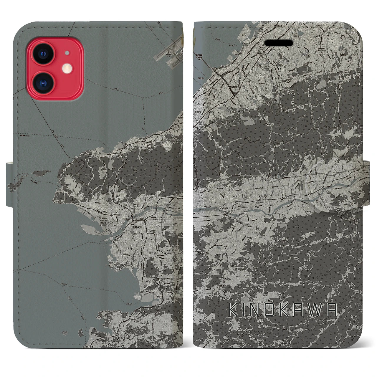 【紀の川】地図柄iPhoneケース（手帳両面タイプ・モノトーン）iPhone 11 用
